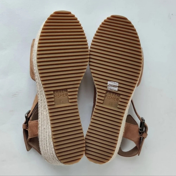 EILEEN FISHER Beckon Sandals 9.5 Leather Tan Espadrille Wedge - Picture 7 of 11